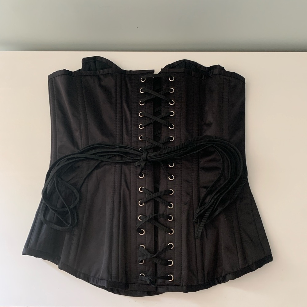 Corset Story Black Satin Overbust Corset 32 Steel Boned Waist Training Bustier - Picture 3 of 7